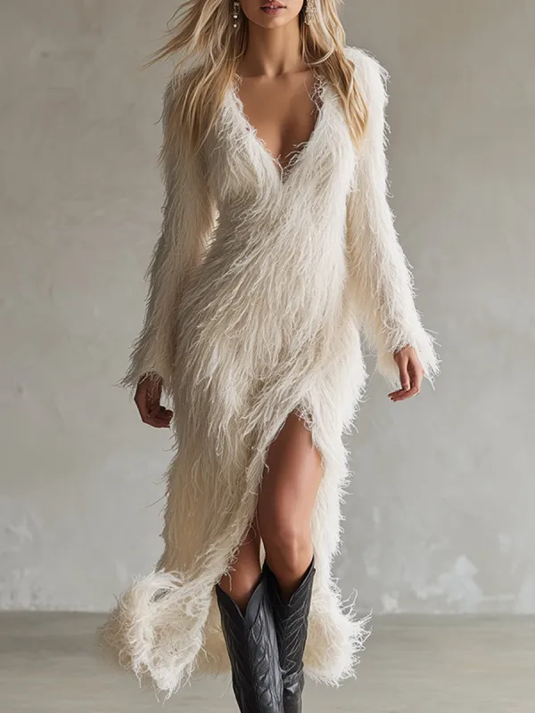 Elegant And Comfortable V-neck White Long-pile Maxi Dress sold by Oyrosy