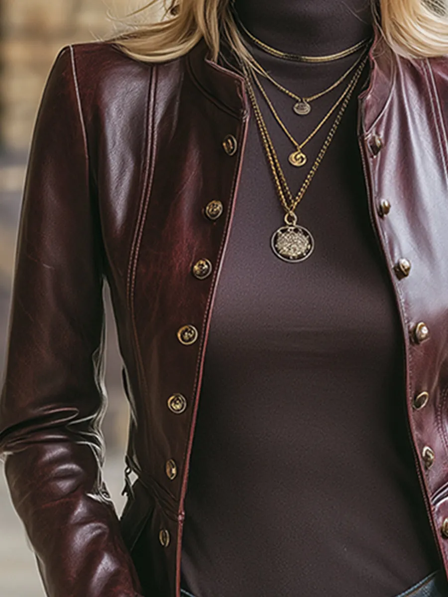 Elegant And Sophisticated Burgundy Button Faux Leather Mid-length Jacket sold by Oyrosy product image thumbnail 3