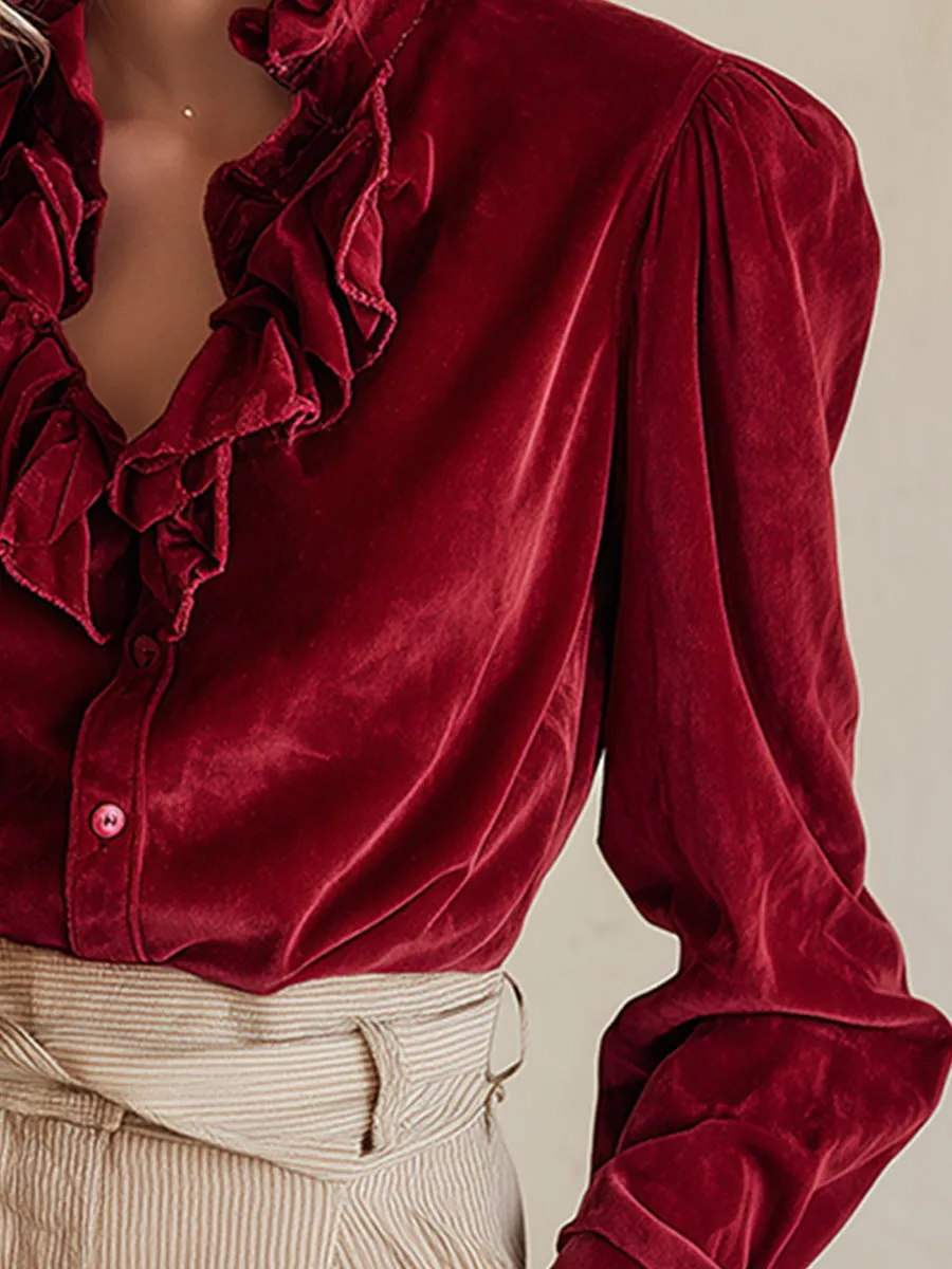 Exquisite Retro Red Velvet Ruffled Collar Shirt sold by Oyrosy product image thumbnail 4