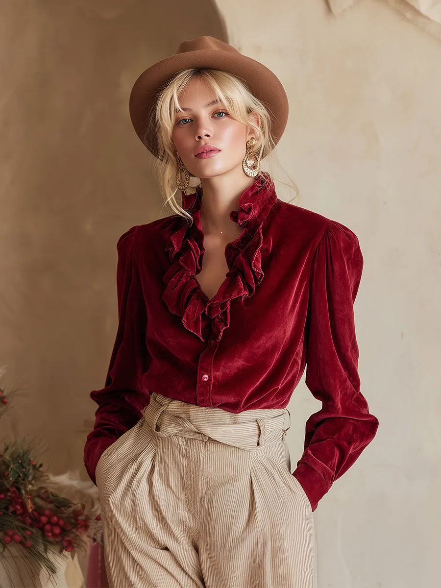 Exquisite Retro Red Velvet Ruffled Collar Shirt sold by Oyrosy product image thumbnail 2