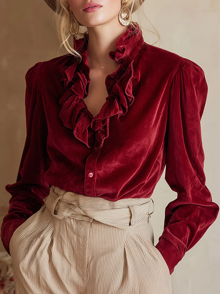 Exquisite Retro Red Velvet Ruffled Collar Shirt sold by Oyrosy