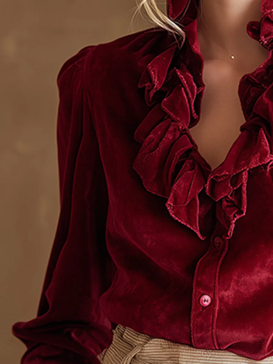Exquisite Retro Red Velvet Ruffled Collar Shirt sold by Oyrosy product image thumbnail 3