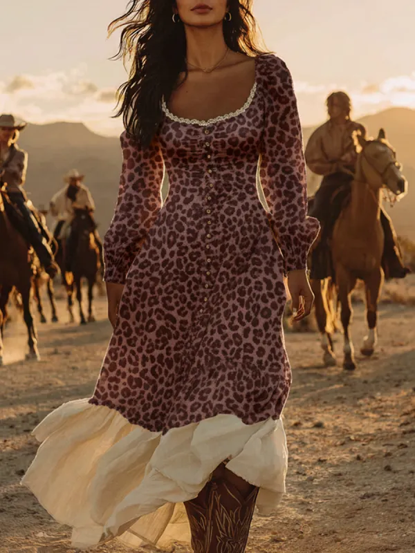 Retro-style Western Pink Leopard Print Color-blocked Maxi Dress sold by Oyrosy