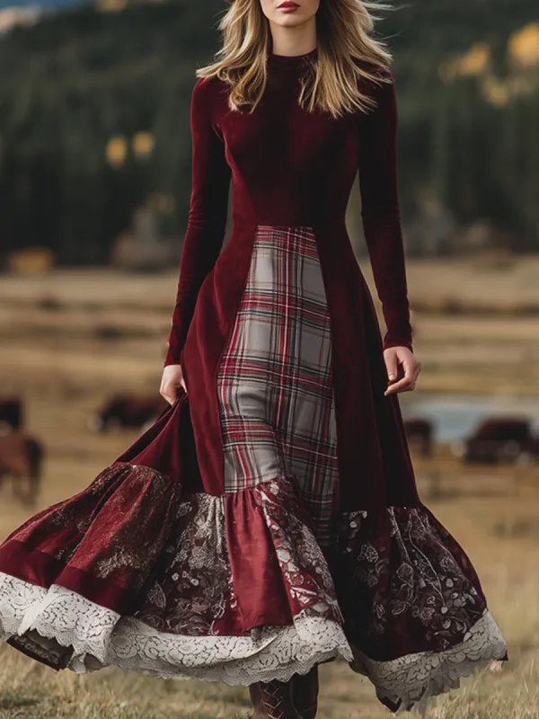 Fashionable Retro Burgundy Velvet Tartan Print Maxi Dress sold by Oyrosy