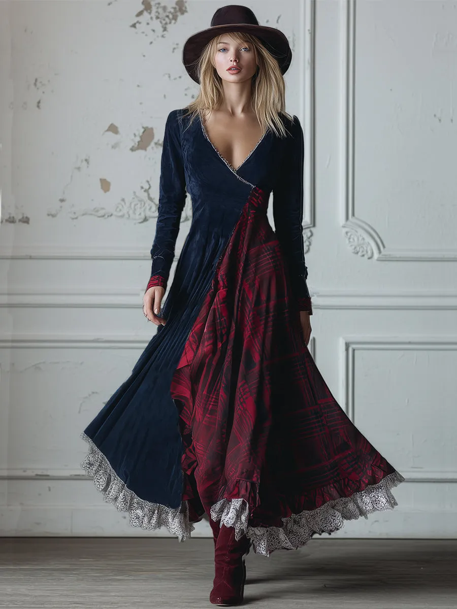 Vintage Blue Faux Suede Patchwork Contrast Plaid V-Neck Maxi Dress sold by Oyrosy product image thumbnail 2