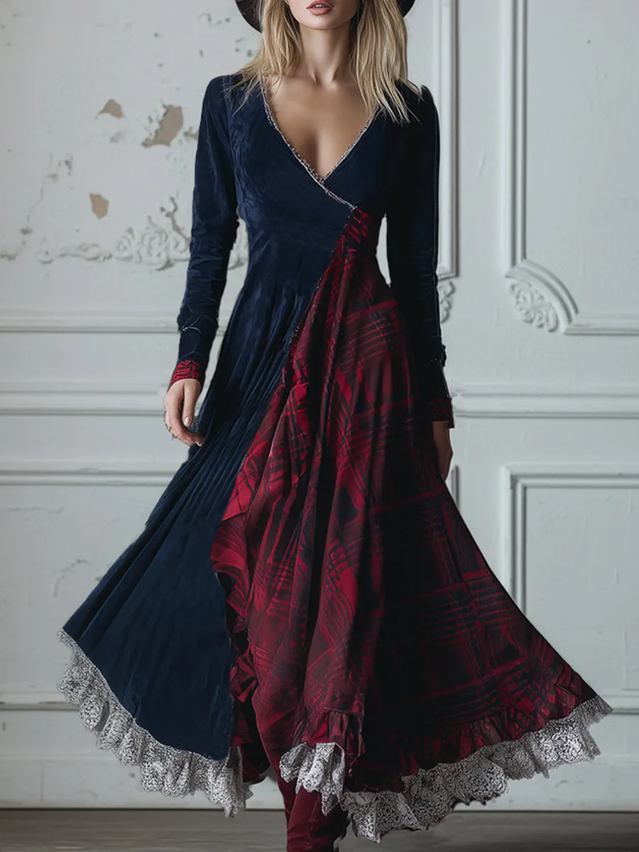 Vintage Blue Faux Suede Patchwork Contrast Plaid V-Neck Maxi Dress sold by Oyrosy