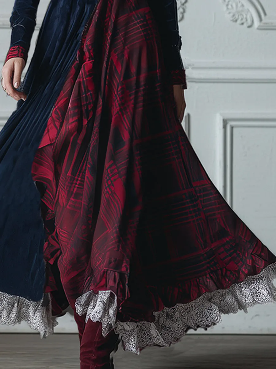 Vintage Blue Faux Suede Patchwork Contrast Plaid V-Neck Maxi Dress sold by Oyrosy product image thumbnail 3