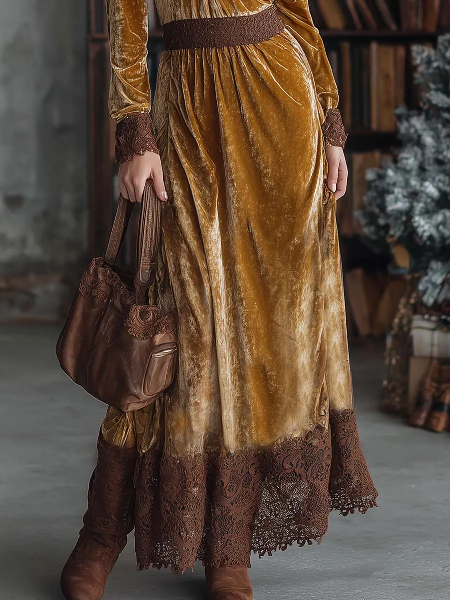 Vintage Elegance Exquisite Brown Lace V-neck And Hem Gold Velvet Maxi Dress sold by Oyrosy product image thumbnail 4
