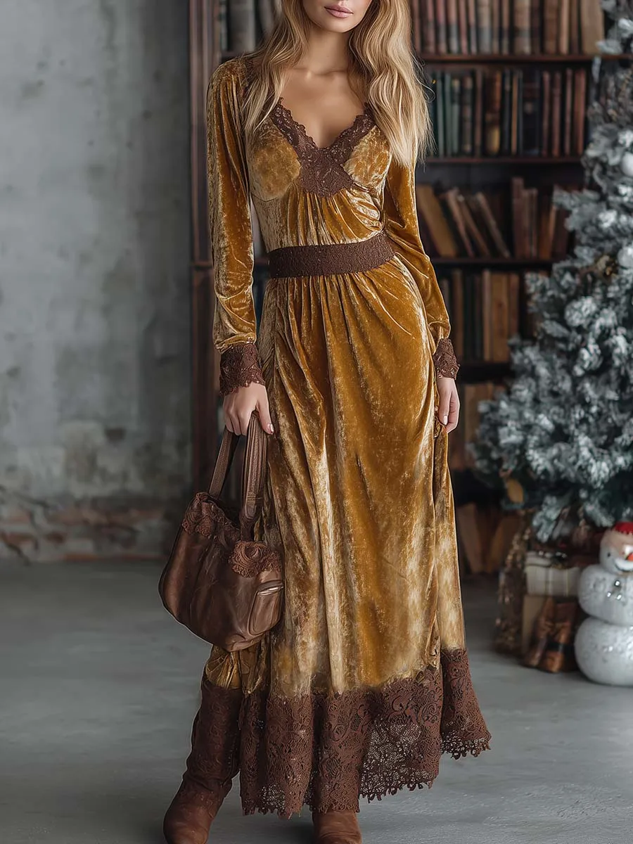 Vintage Elegance Exquisite Brown Lace V-neck And Hem Gold Velvet Maxi Dress sold by Oyrosy