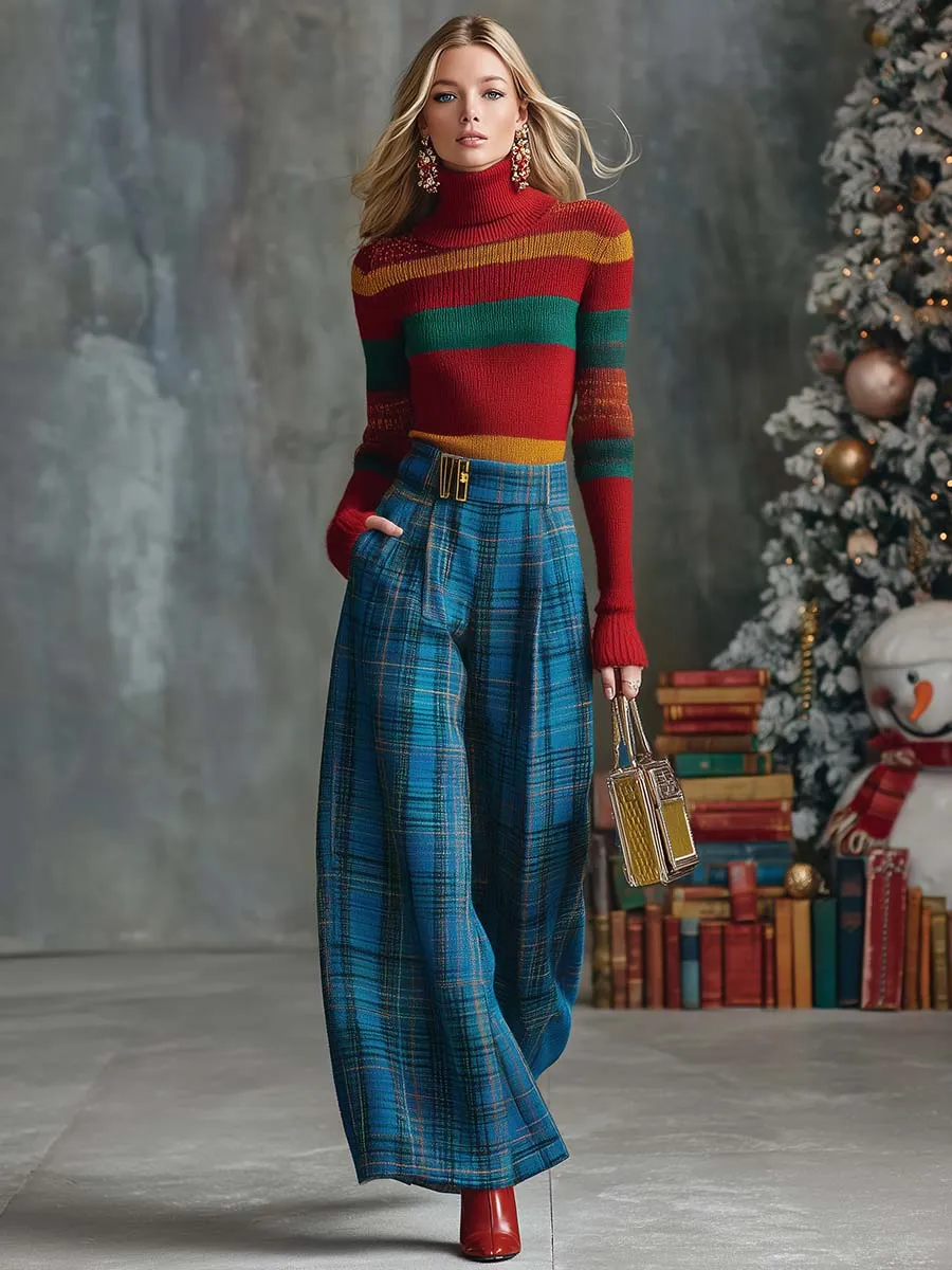 Vintage Fashion Versatile Blue Plaid Wide-leg Pants sold by Oyrosy product image thumbnail 2