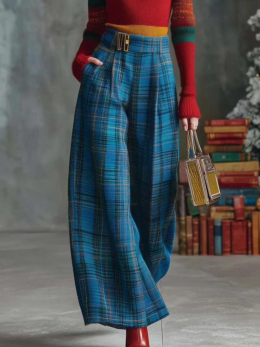 Vintage Fashion Versatile Blue Plaid Wide-leg Pants sold by Oyrosy