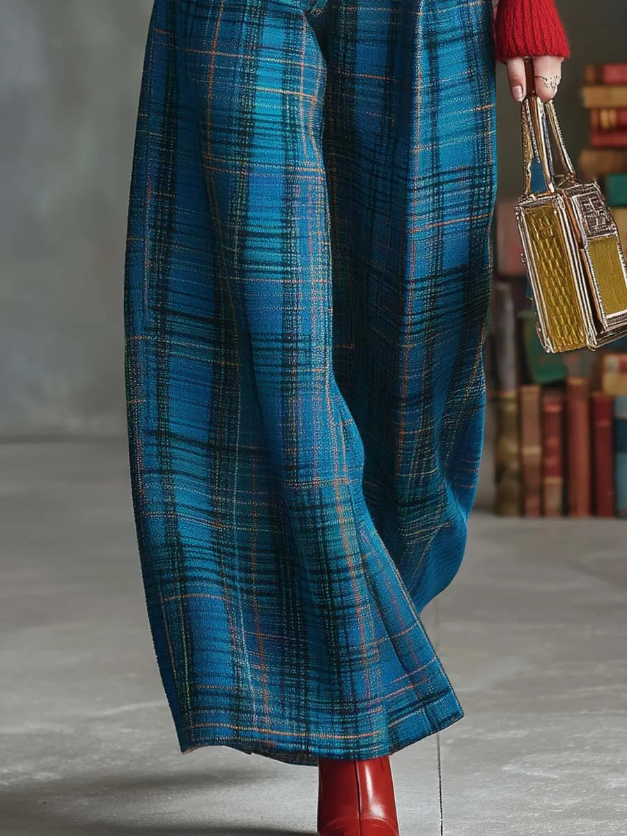 Vintage Fashion Versatile Blue Plaid Wide-leg Pants sold by Oyrosy product image thumbnail 4