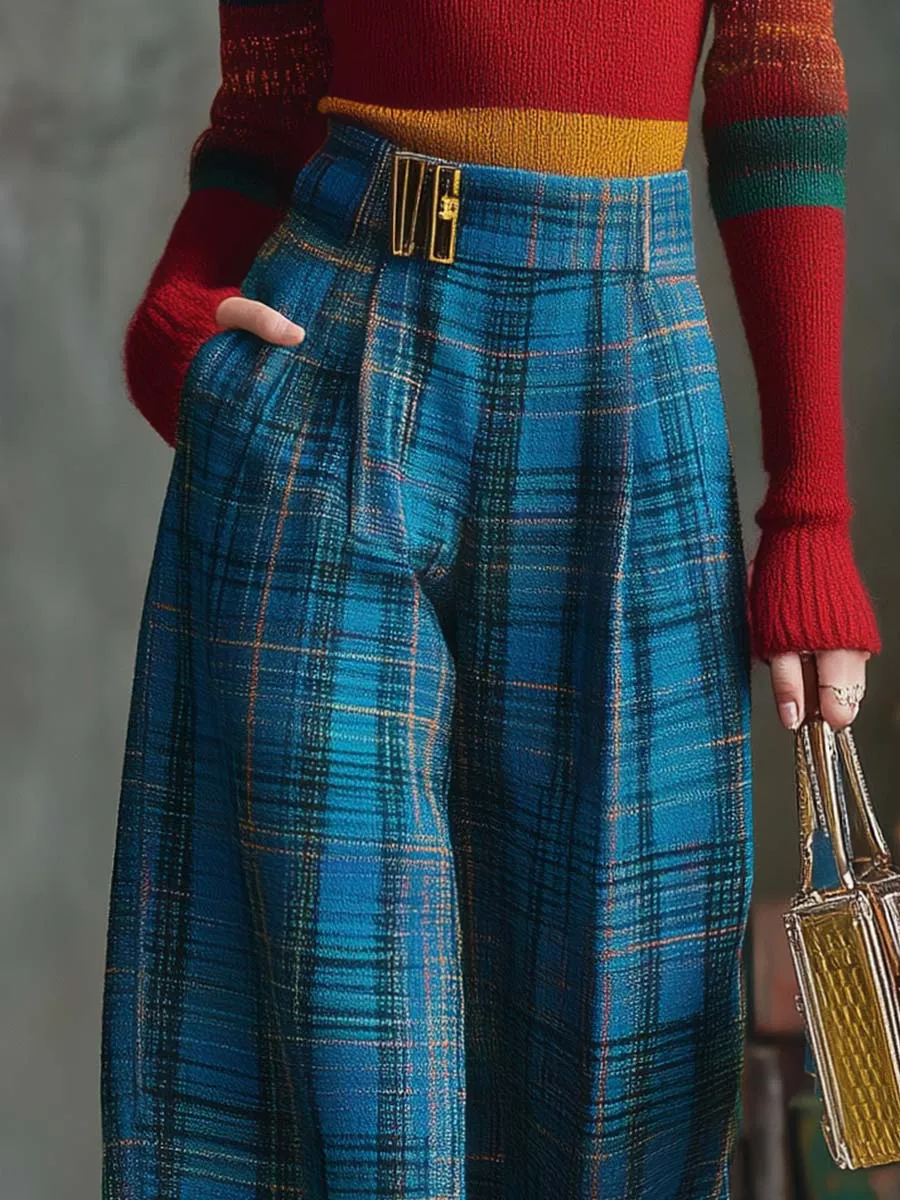 Vintage Fashion Versatile Blue Plaid Wide-leg Pants sold by Oyrosy product image thumbnail 3
