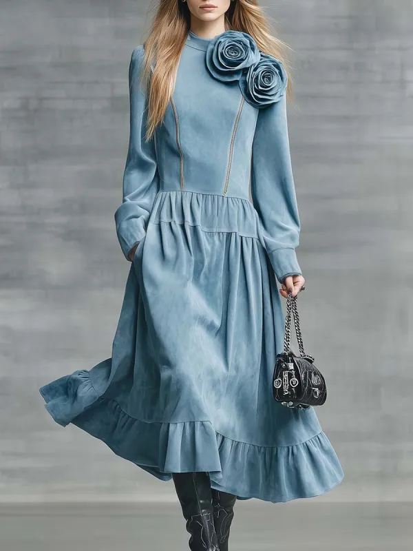 Elegant Vintage Western 3D Floral Embellishment Bubble Hem Light Blue Suede Midi Dress sold by Oyrosy