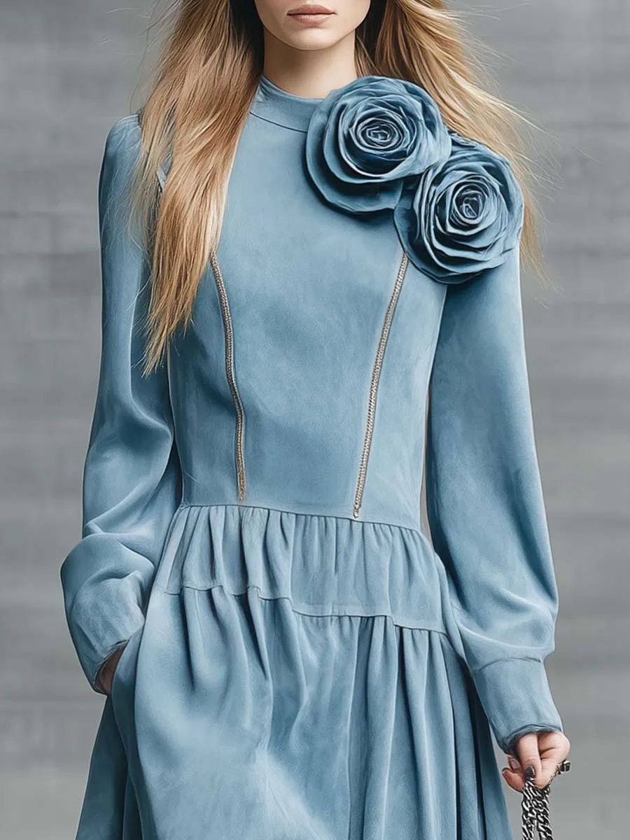 Elegant Vintage Western 3D Floral Embellishment Bubble Hem Light Blue Suede Midi Dress sold by Oyrosy product image thumbnail 3