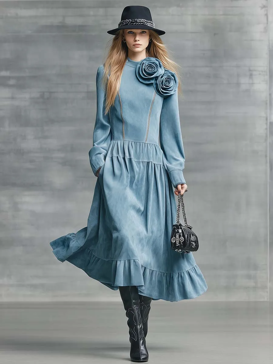 Elegant Vintage Western 3D Floral Embellishment Bubble Hem Light Blue Suede Midi Dress sold by Oyrosy product image thumbnail 2