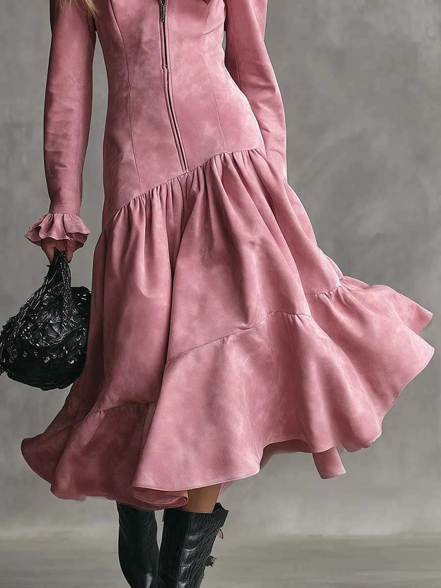 Elegant Retro Stand-up Collar Front Zipper Bubble Hem 3D Floral Embellishment Pink Suede Midi Dress sold by Oyrosy product image thumbnail 4