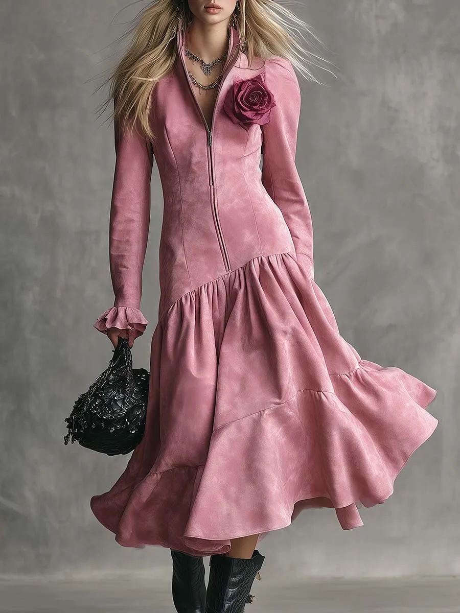 Elegant Retro Stand-up Collar Front Zipper Bubble Hem 3D Floral Embellishment Pink Suede Midi Dress sold by Oyrosy