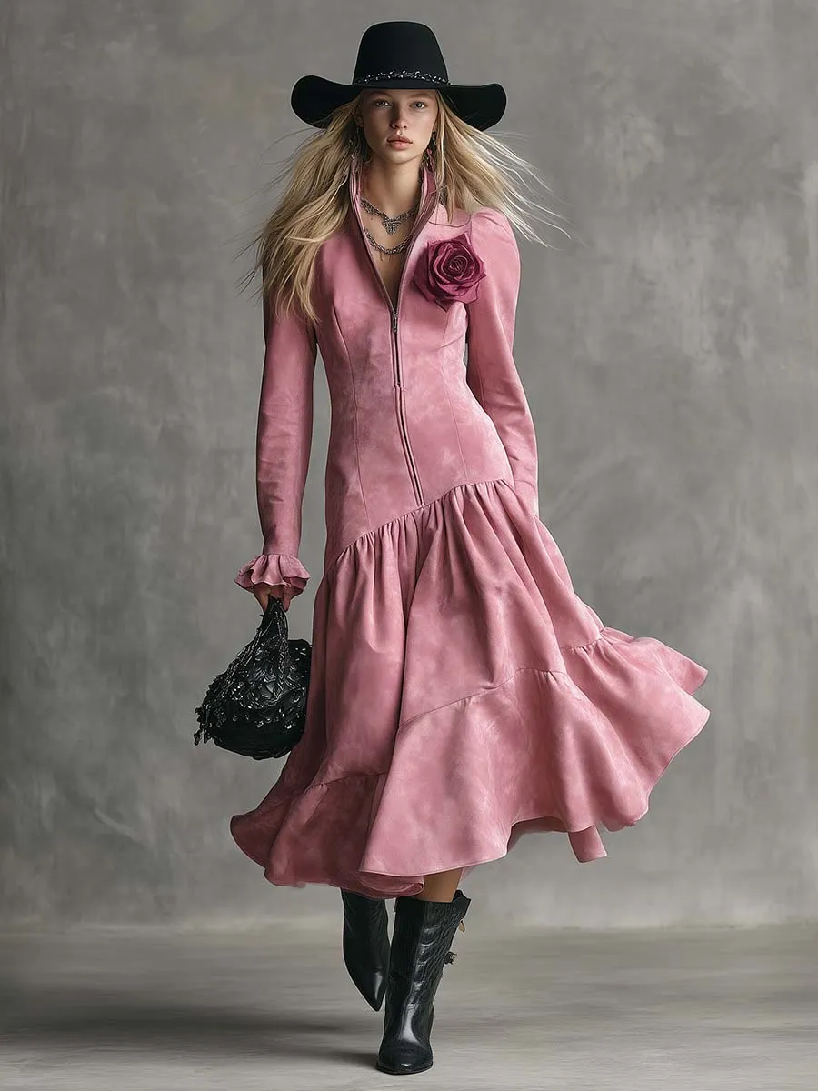 Elegant Retro Stand-up Collar Front Zipper Bubble Hem 3D Floral Embellishment Pink Suede Midi Dress sold by Oyrosy product image thumbnail 2