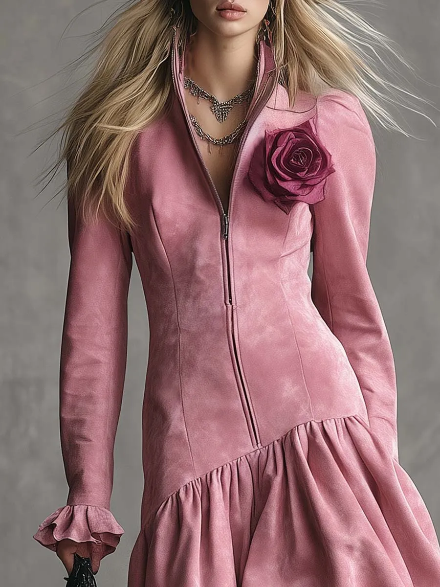 Elegant Retro Stand-up Collar Front Zipper Bubble Hem 3D Floral Embellishment Pink Suede Midi Dress sold by Oyrosy product image thumbnail 3