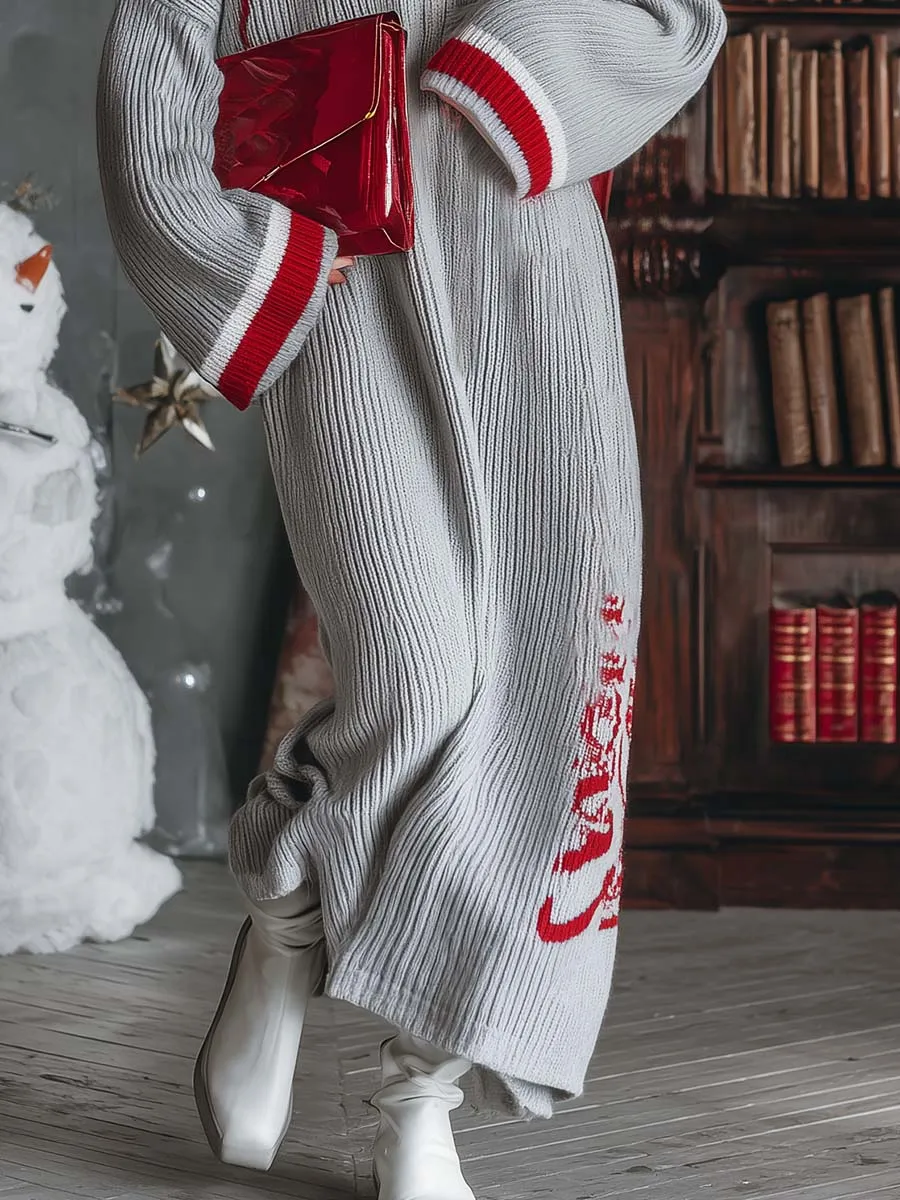 Retro Chic Oversized Round Neck Letter Pattern Light Gray Knit Maxi Dress sold by Oyrosy product image thumbnail 4