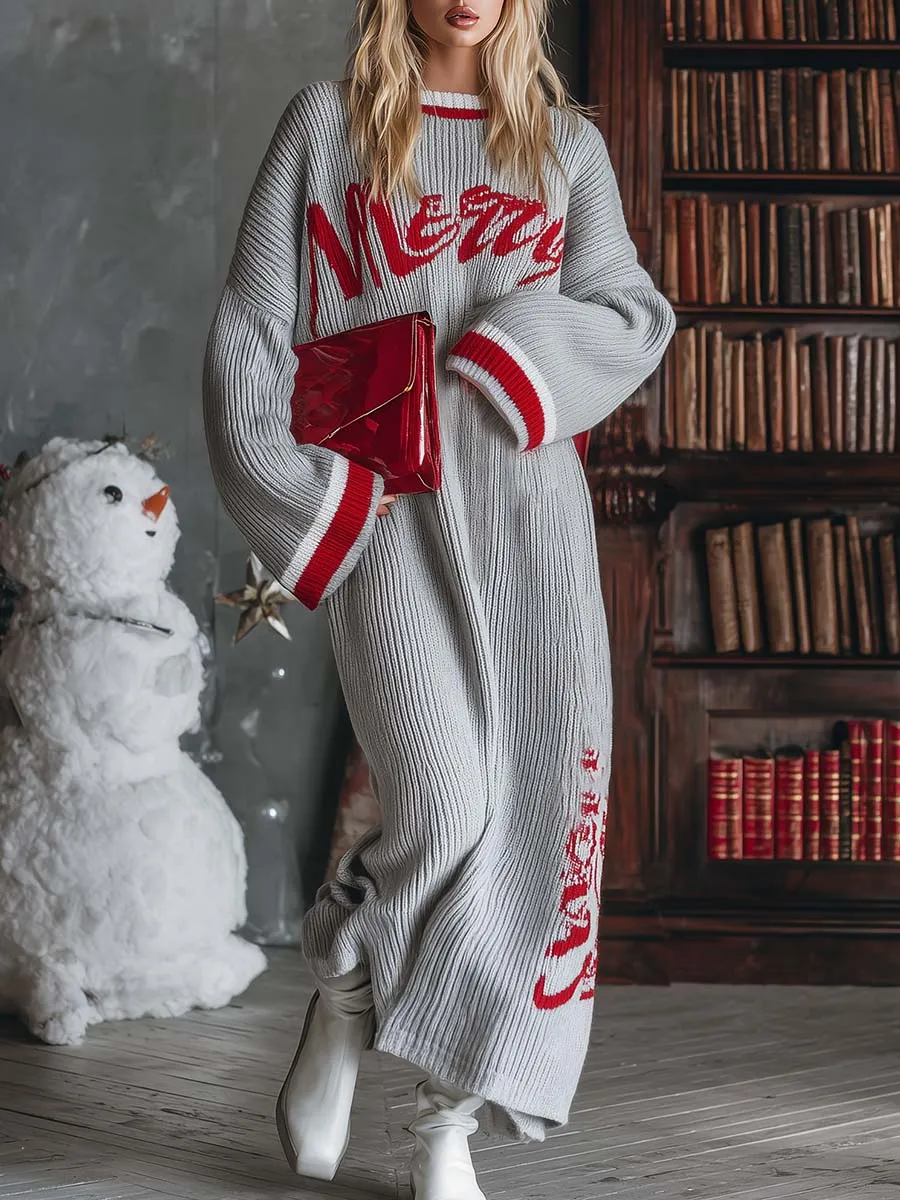 Retro Chic Oversized Round Neck Letter Pattern Light Gray Knit Maxi Dress sold by Oyrosy