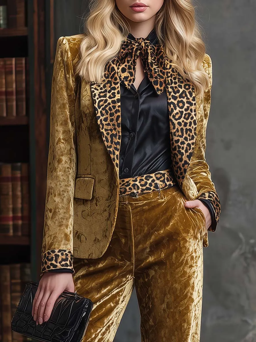 Vintage Fashion Leopard Print Notched Lapel Gold Velvet Blazer And Pants Set sold by Oyrosy product image thumbnail 3