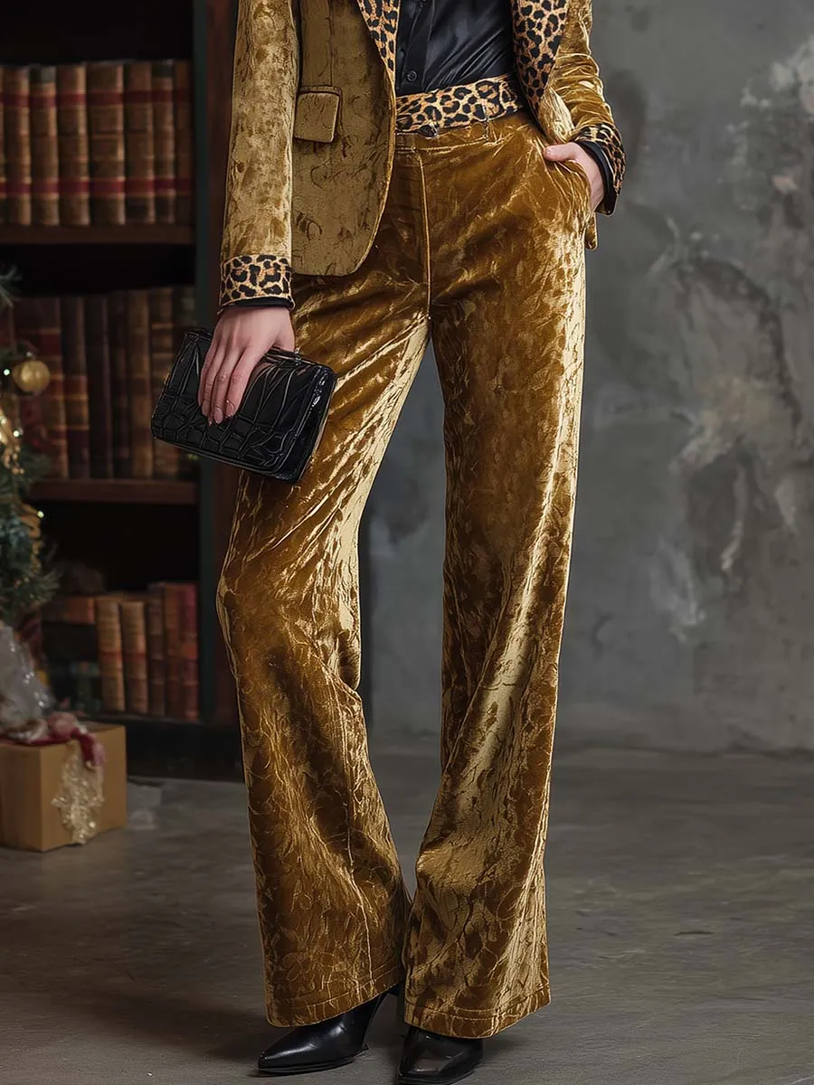 Vintage Fashion Leopard Print Notched Lapel Gold Velvet Blazer And Pants Set sold by Oyrosy product image thumbnail 4