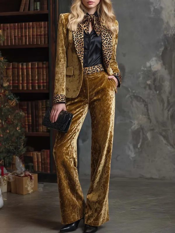 Vintage Fashion Leopard Print Notched Lapel Gold Velvet Blazer And Pants Set sold by Oyrosy