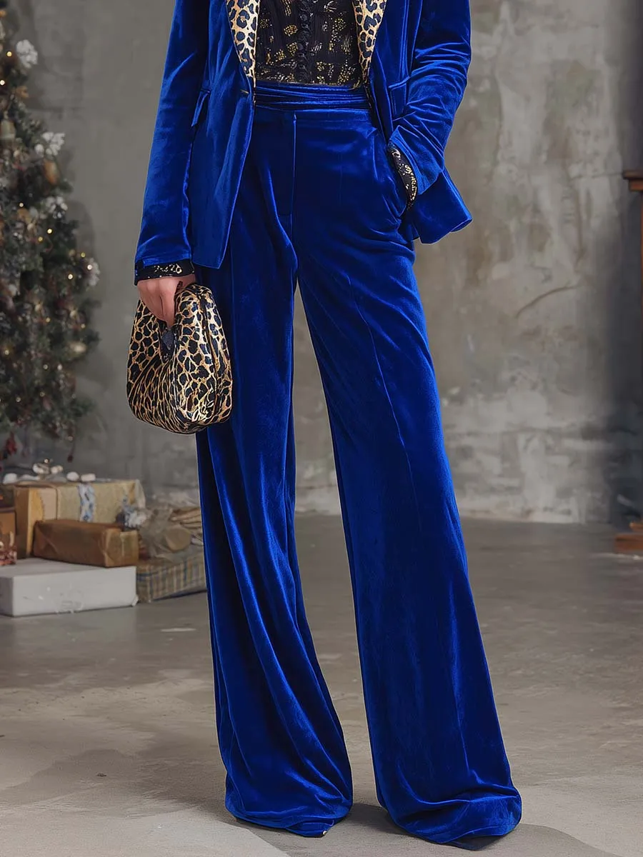 Vintage Stylish Leopard Print Peak Lapel Royal Blue Velvet X-shaped Blazer And Trousers Set sold by Oyrosy product image thumbnail 4