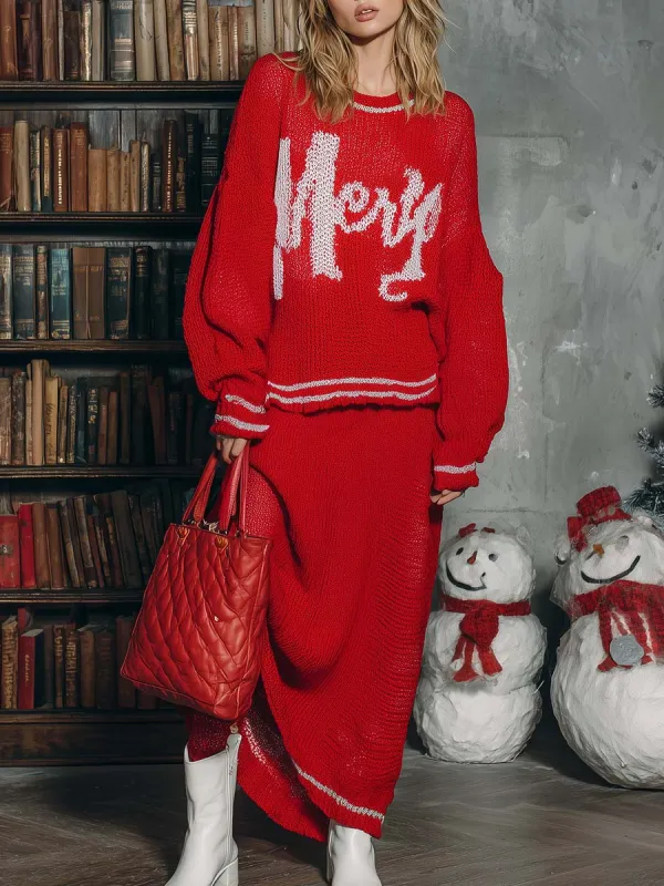 Retro-chic Letter Pattern Holiday Limited Edition Red Sweater And Skirt Set sold by Oyrosy