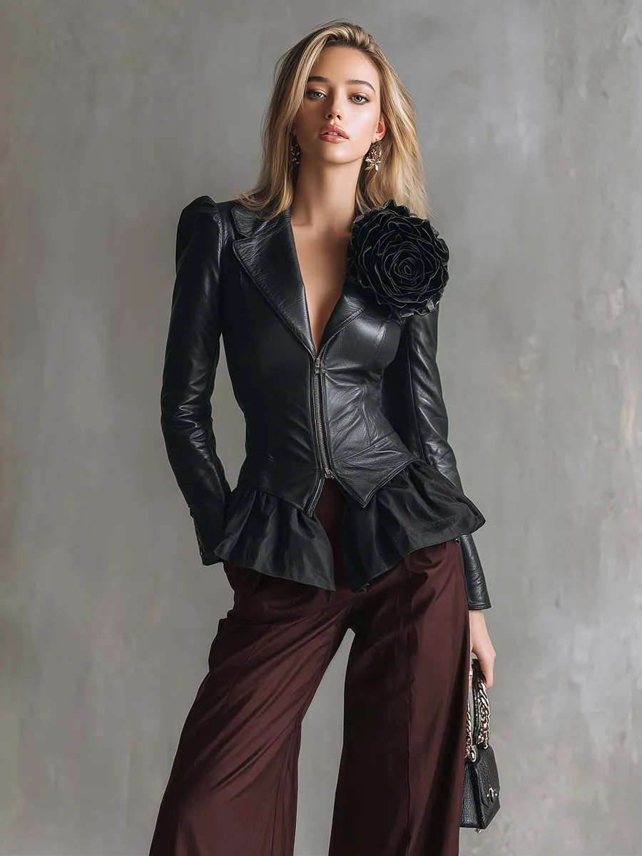 Vintage Elegant Notch Collar Front Zipper Ruffled Hem 3D Floral Embellishment Black Leather Jacket sold by Oyrosy product image thumbnail 2