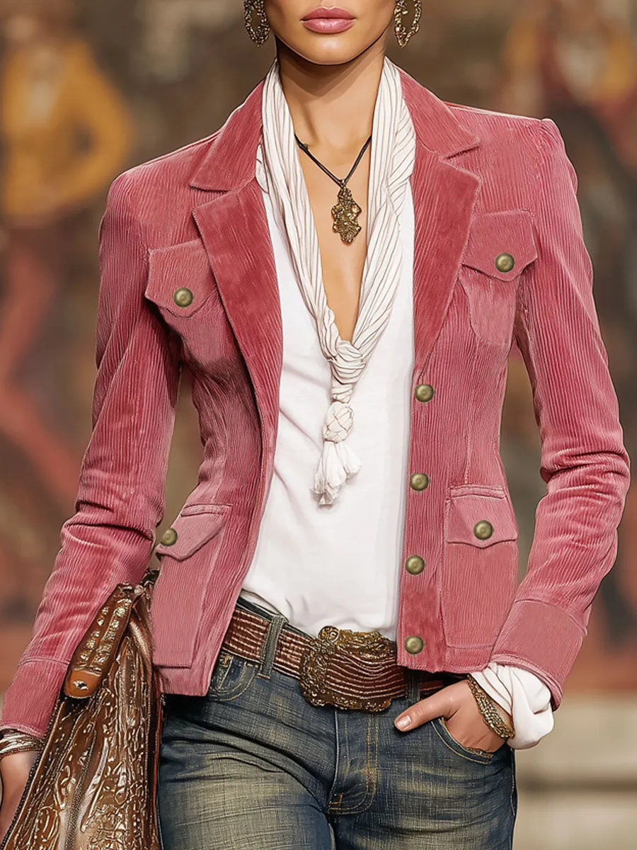 Collared Multi-pocket Single-breasted Corduroy Jacket sold by Oyrosy