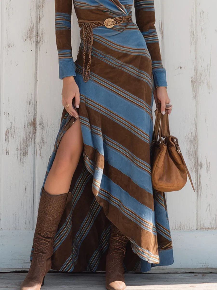 Western Retro Blue And Brown Striped Faux Suede Long-Sleeved Slit Maxi Dress sold by Oyrosy product image thumbnail 4