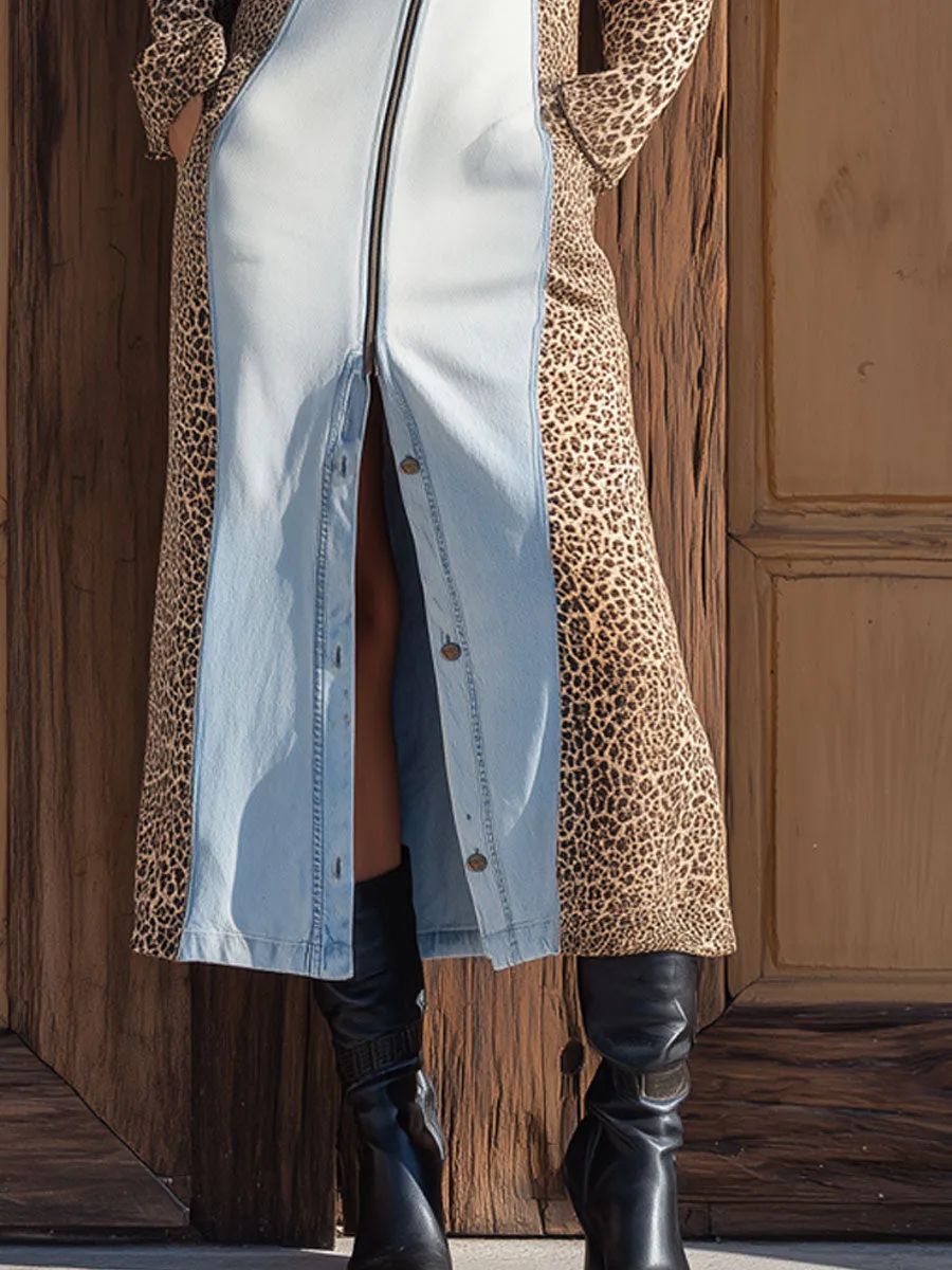 Western Retro Leopard Print Light Blue Denim Multi-pocket Midi Dress sold by Oyrosy product image thumbnail 3