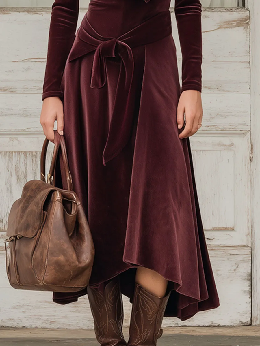 Fashionable Retro Burgundy Velvet V-neck Tie-up Asymmetrical Midi Dress sold by Oyrosy product image thumbnail 3