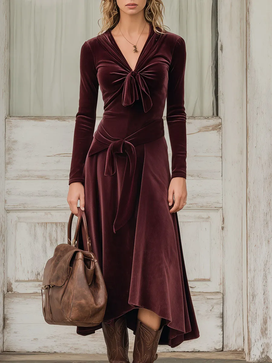 Fashionable Retro Burgundy Velvet V-neck Tie-up Asymmetrical Midi Dress sold by Oyrosy