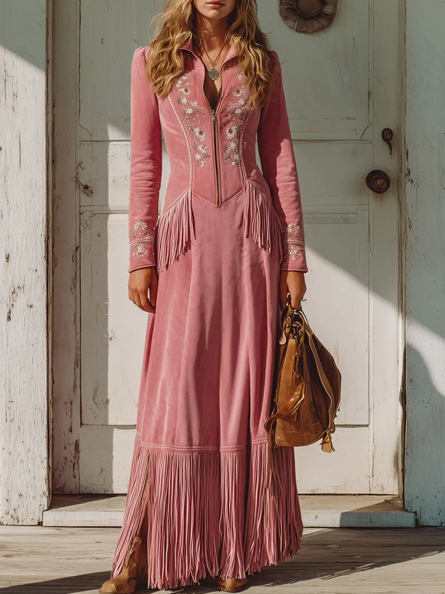 Western-style Retro Embroidered Half-zip Pink Faux Suede Tassel Maxi Dress sold by Oyrosy
