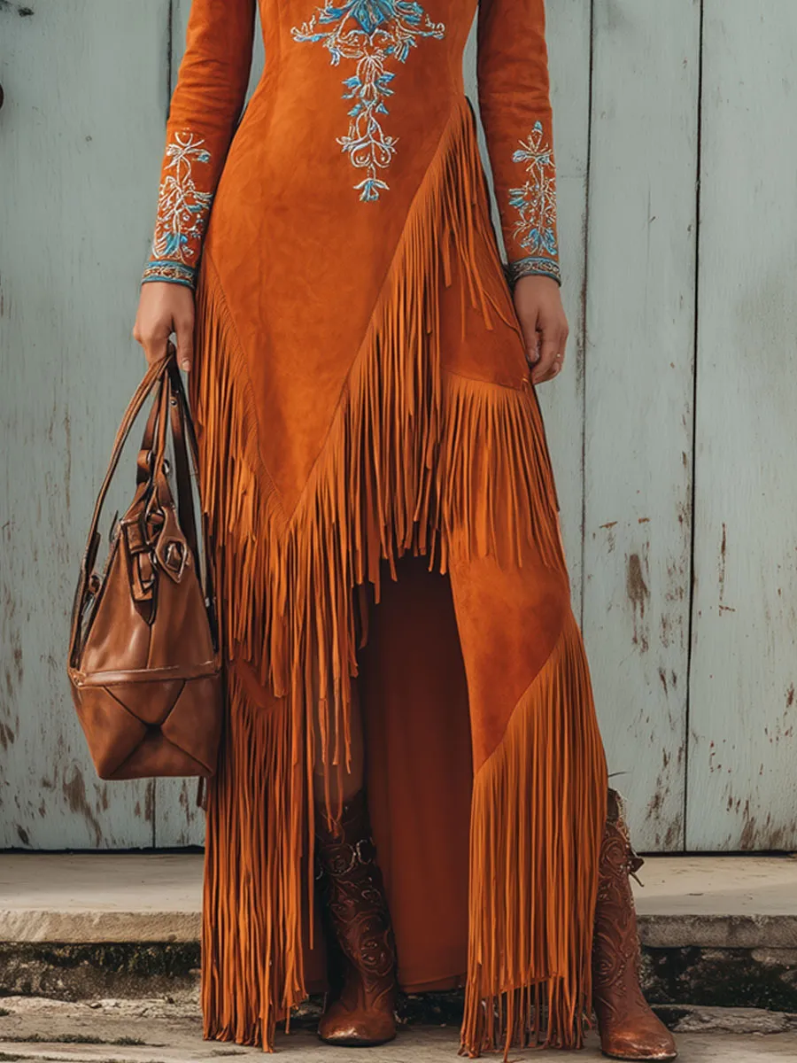 Western-style Ethnic Embroidered Orange Faux Suede Tassel Maxi Dress sold by Oyrosy product image thumbnail 4