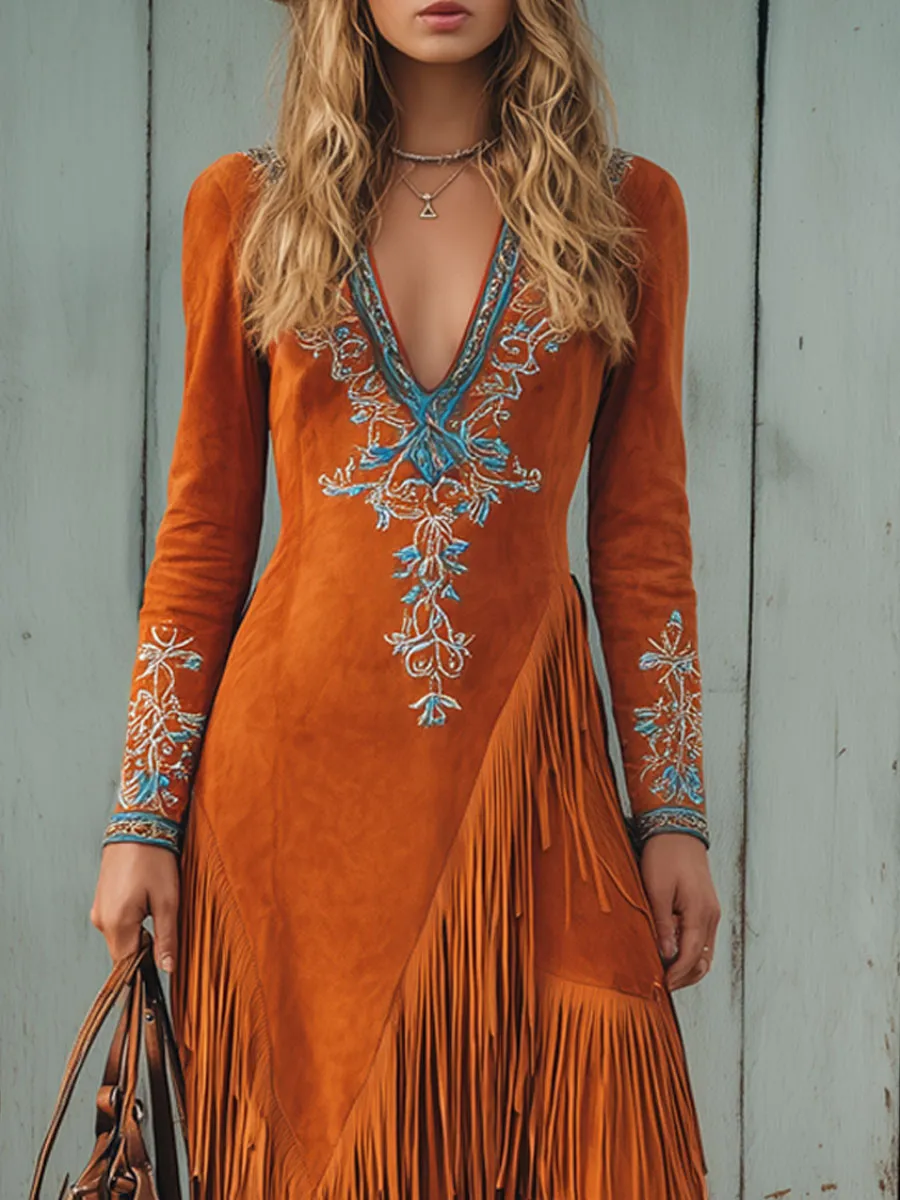 Western-style Ethnic Embroidered Orange Faux Suede Tassel Maxi Dress sold by Oyrosy product image thumbnail 3