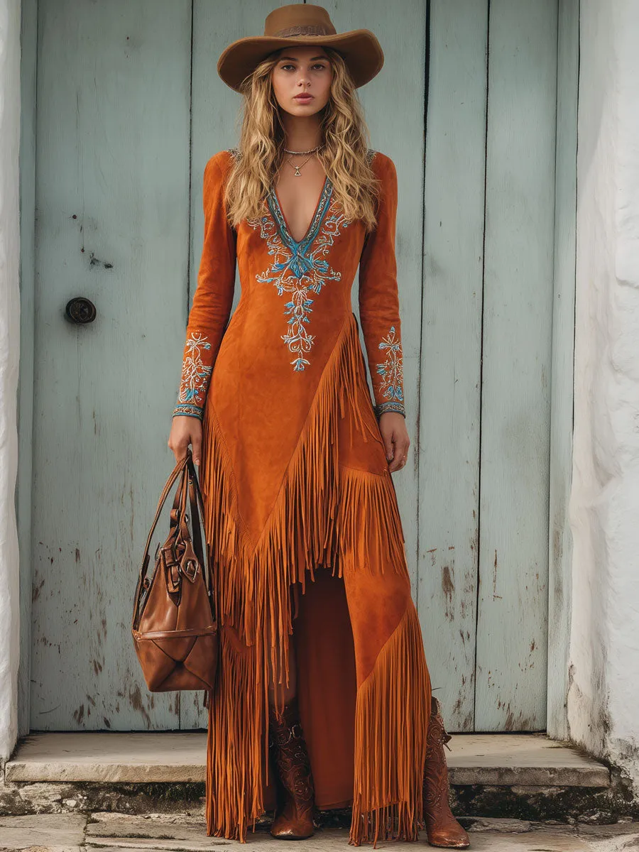 Western-style Ethnic Embroidered Orange Faux Suede Tassel Maxi Dress sold by Oyrosy product image thumbnail 2