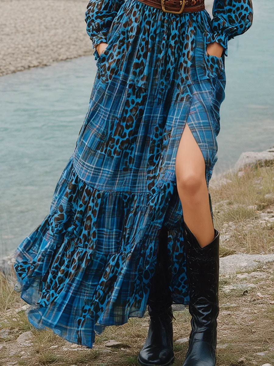 Retro Long-sleeved Blue And Brown Plaid Leopard Print Chiffon Slit Maxi Dress sold by Oyrosy product image thumbnail 4