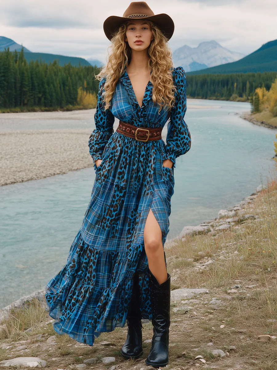 Retro Long-sleeved Blue And Brown Plaid Leopard Print Chiffon Slit Maxi Dress sold by Oyrosy product image thumbnail 2