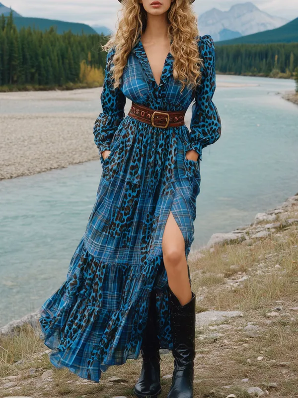 Retro Long-sleeved Blue And Brown Plaid Leopard Print Chiffon Slit Maxi Dress sold by Oyrosy