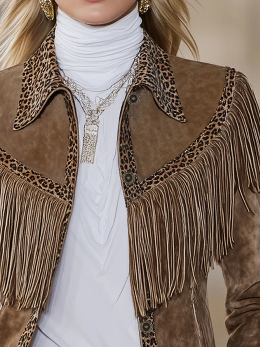 Lapel Single-breasted Faux Suede Leopard Print Tassel Jacket sold by Oyrosy product image thumbnail 2