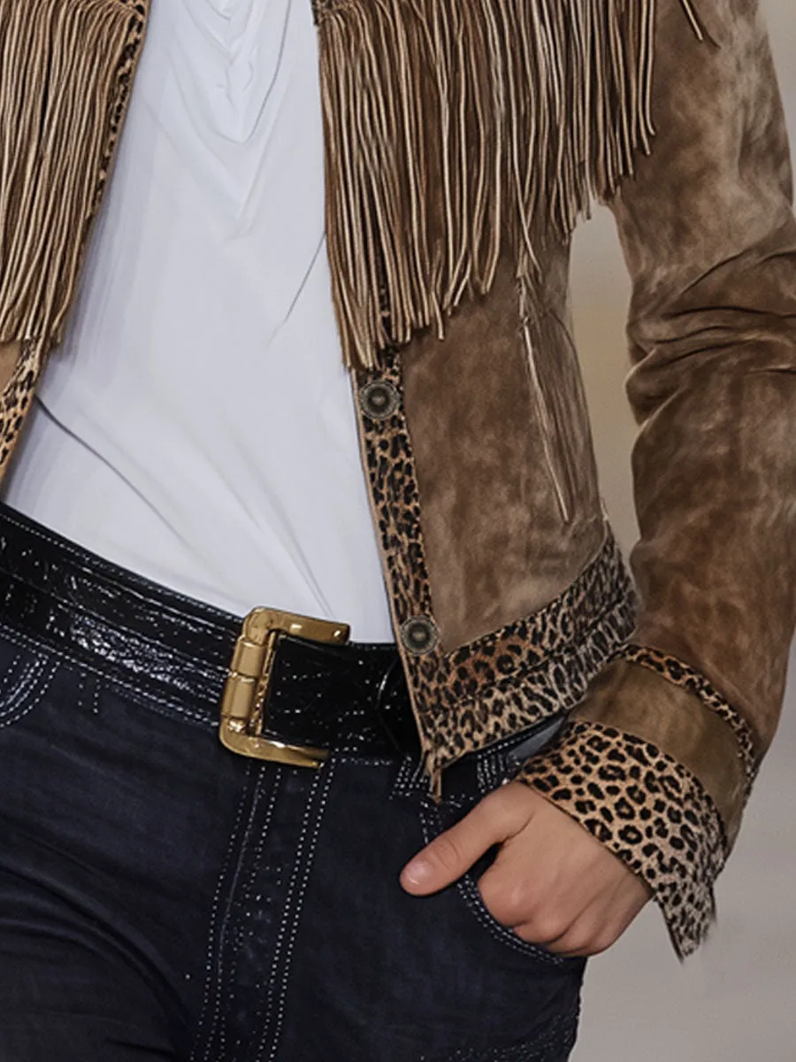 Lapel Single-breasted Faux Suede Leopard Print Tassel Jacket sold by Oyrosy product image thumbnail 3