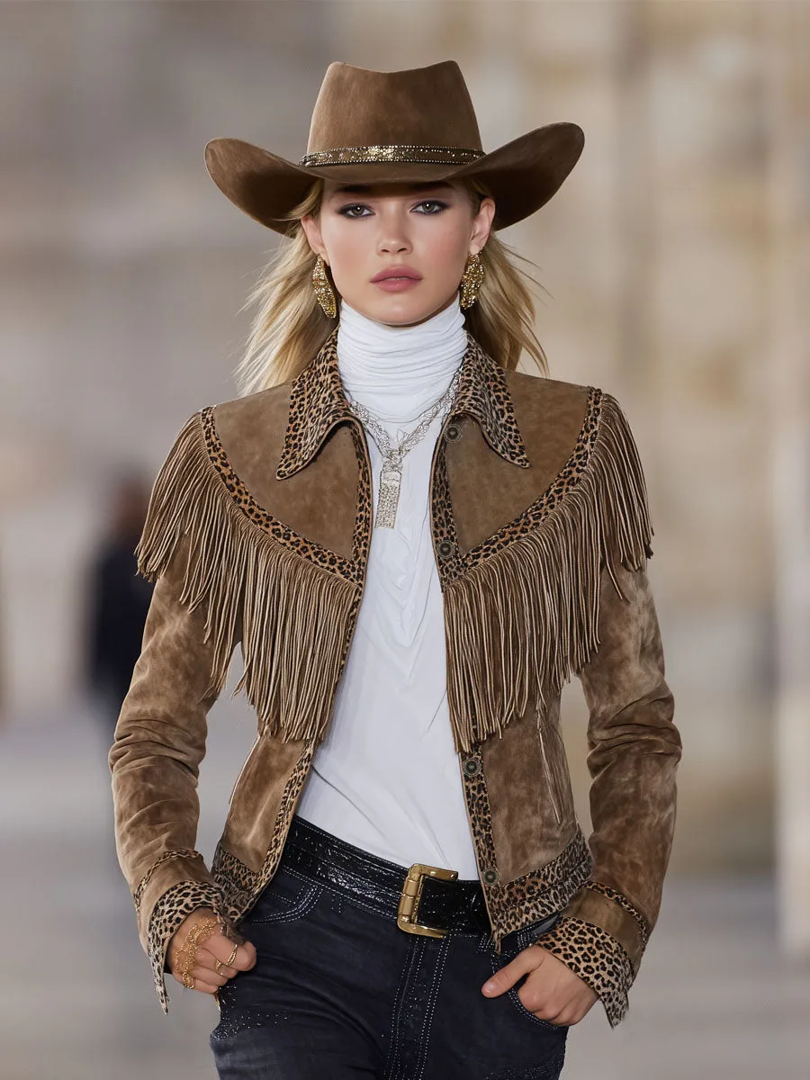 Lapel Single-breasted Faux Suede Leopard Print Tassel Jacket sold by Oyrosy product image thumbnail 4