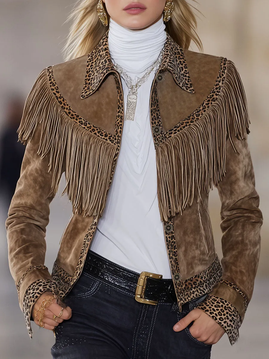 Lapel Single-breasted Faux Suede Leopard Print Tassel Jacket sold by Oyrosy