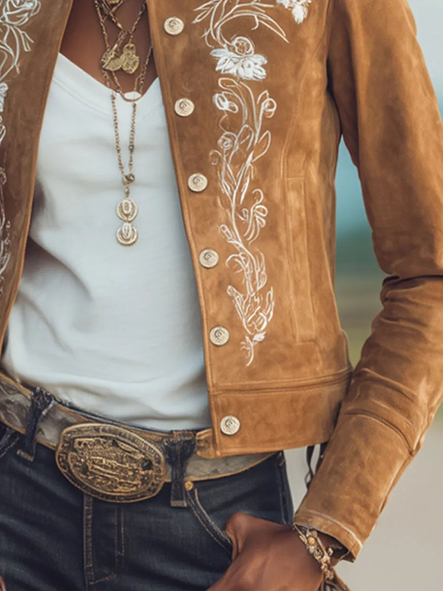 Stand-up Collar Vintage Floral Embroidered Faux Suede Single-breasted Jacket sold by Oyrosy product image thumbnail 3