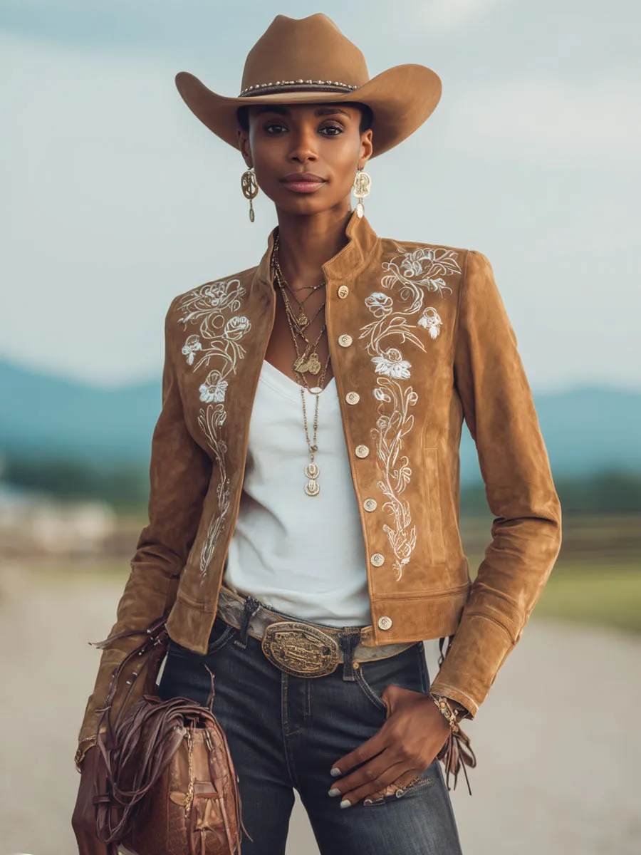 Stand-up Collar Vintage Floral Embroidered Faux Suede Single-breasted Jacket sold by Oyrosy product image thumbnail 4